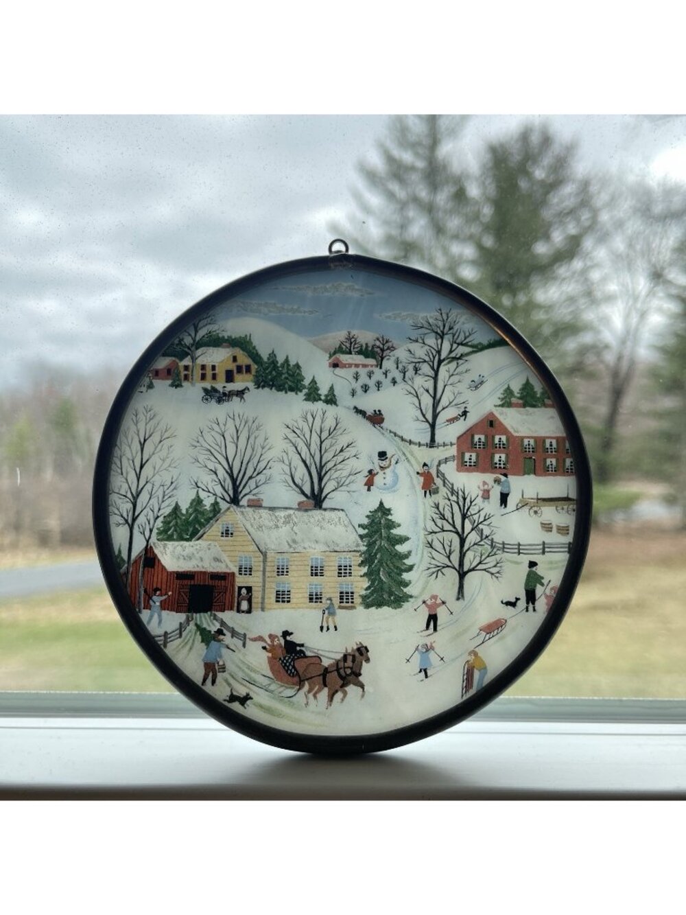 Vintage Round Handpainted Suncatcher Pewter Framed Rustic Winter Scenes Unmarked